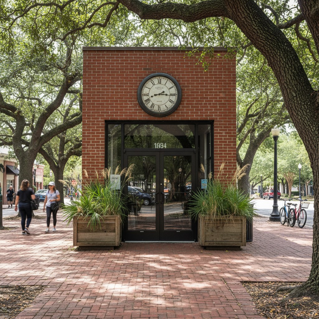 Orlando small-business storefront on a tree-shaded sidewalk with planters at midday